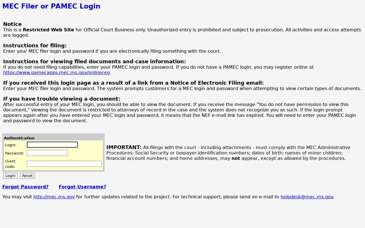Lafayette County civil docket Thirteenth Chancery MEC login