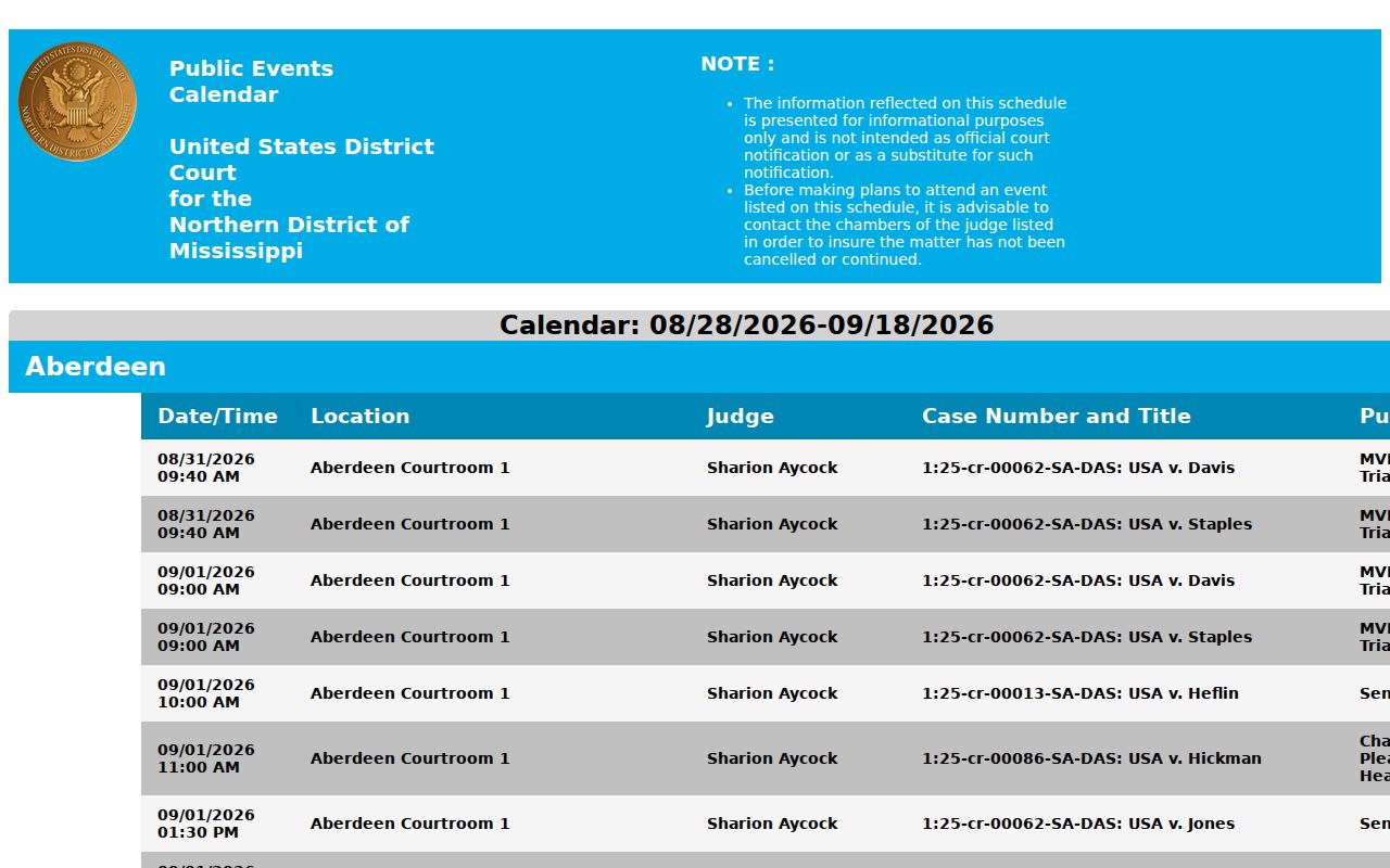 Lafayette County court calendar Northern District federal calendar interface