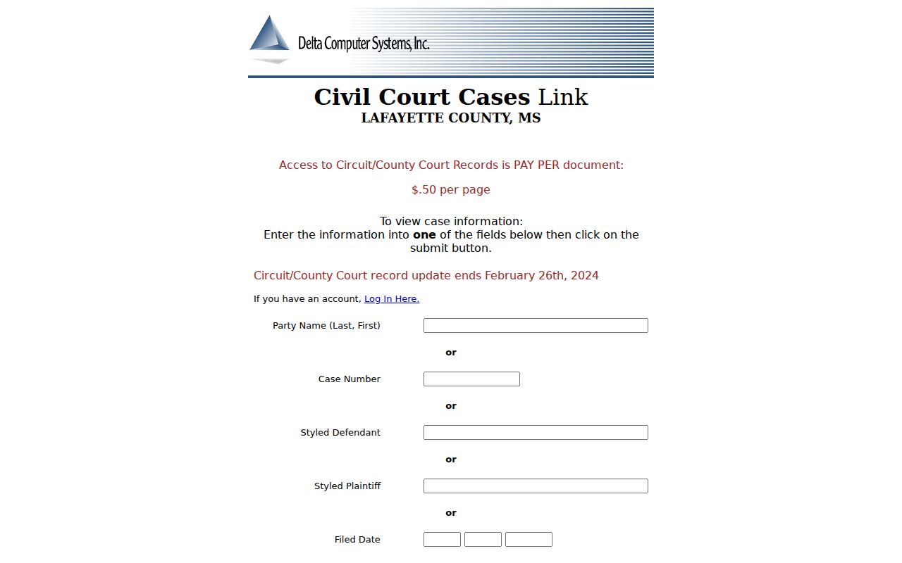 Lafayette County court docket Circuit and County Court search interface