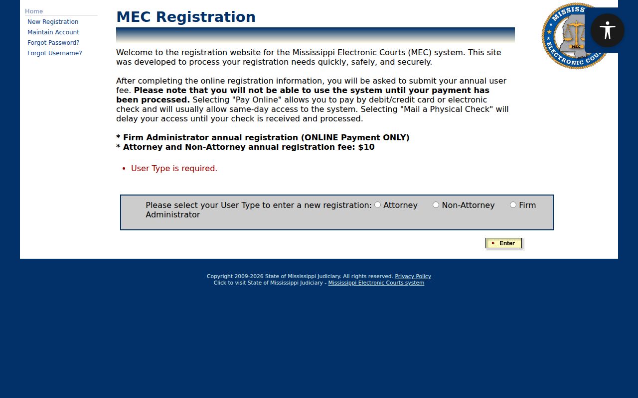 Lafayette County court docket PAMEC registration screen